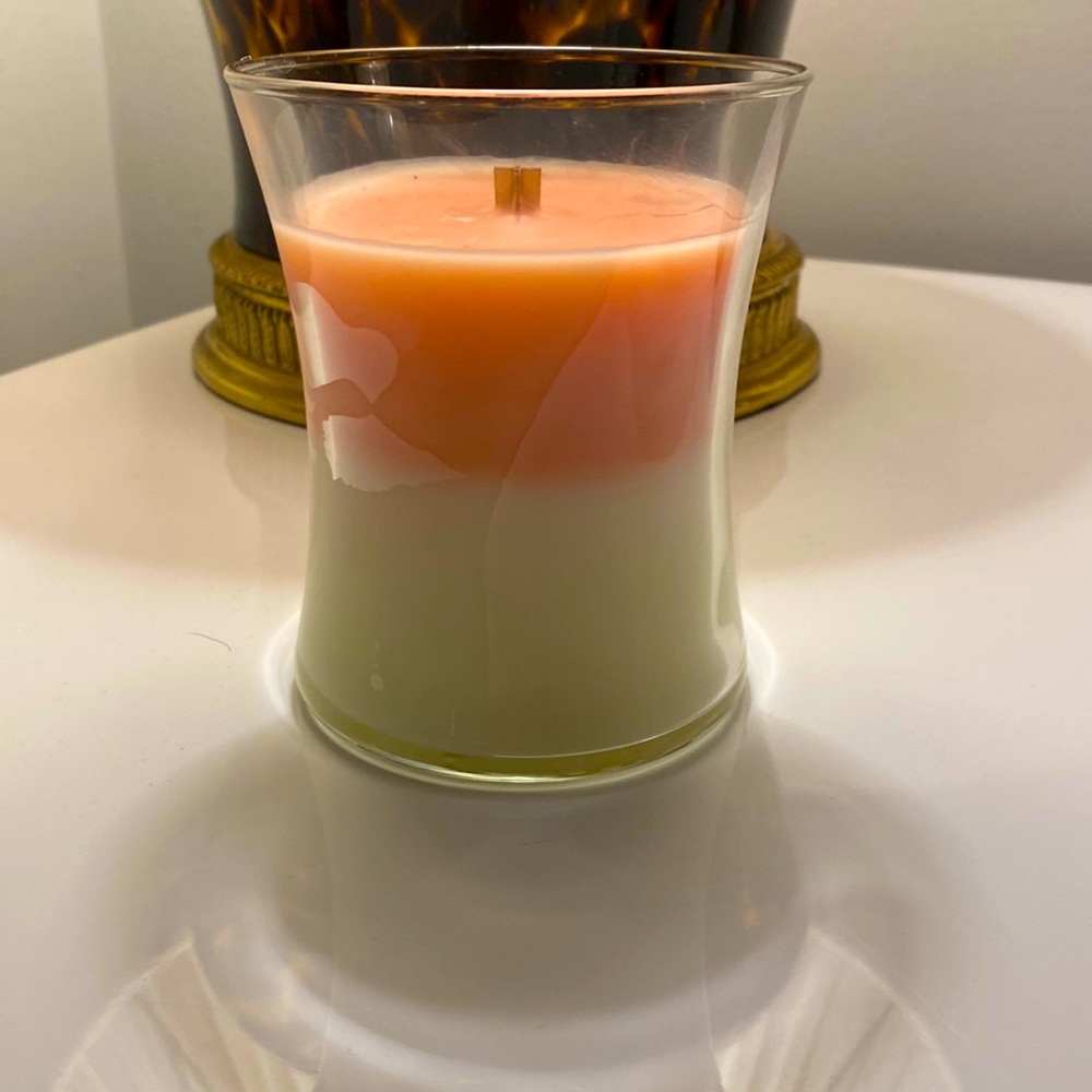 Wood Wick Medium Trilogy candle; Tropical Sunrise No tops Slight imperfections.